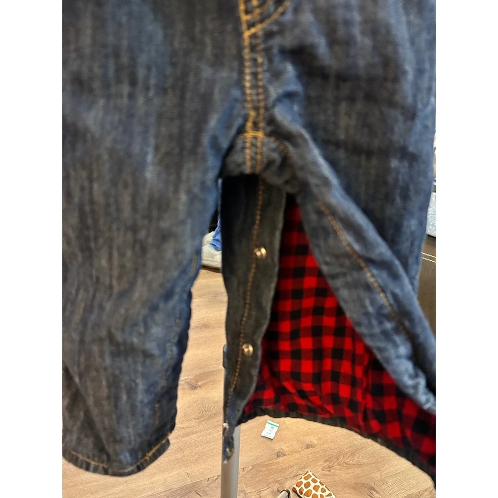 OshKosh Bgosh Kids 12M Blue Denim Flannel Lined Overalls Buffalo Plaid Vestbak